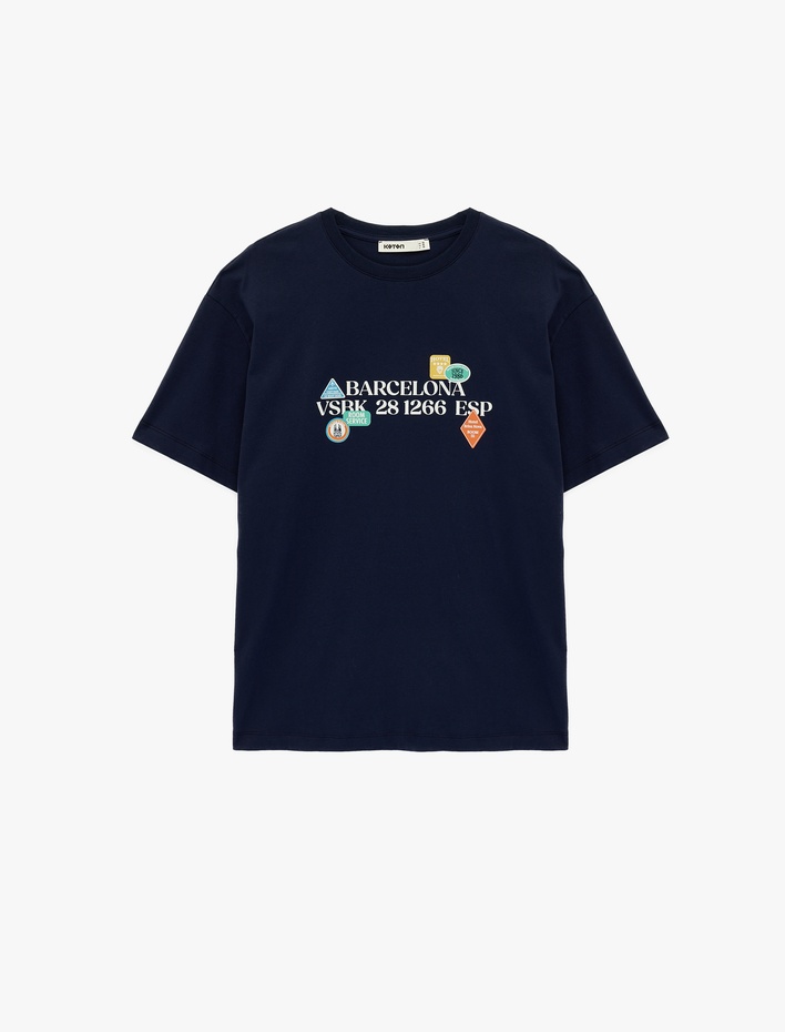  Kısa Kollu Bisiklet Yaka Pamuklu Baskılı Oversize Tişört