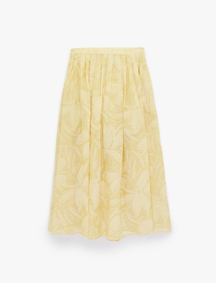  Bol Kalıp Desenli Cepli Viskon Kloş Midi Etek