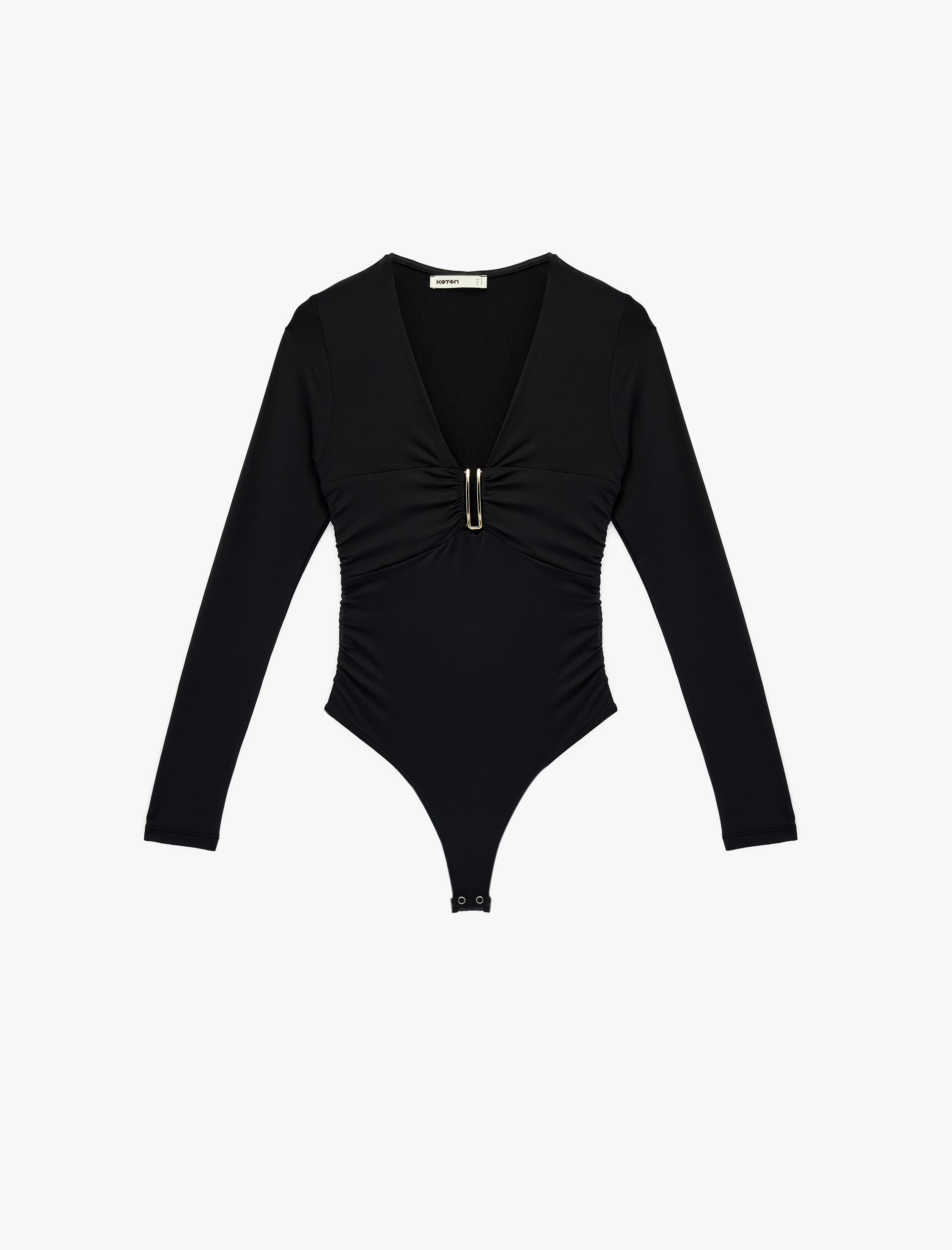   Uzun Kollu Metal Aksesuarlı Slim Fit V Yaka Bluz