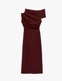 Tek Omuz Kolsuz Drapeli Yırtmaçlı Midi Elbise