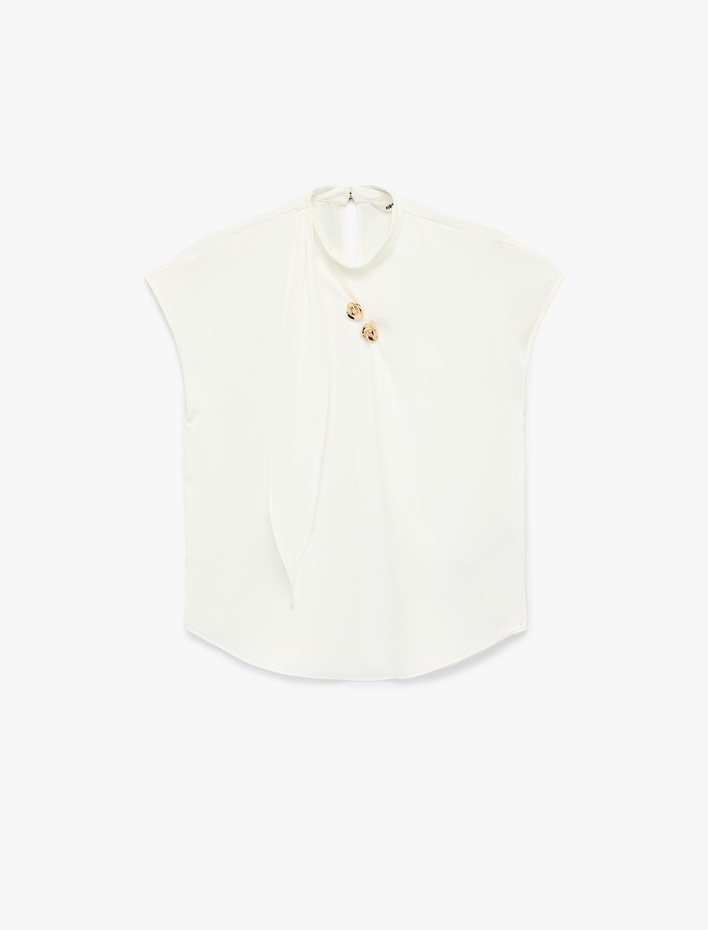  Metal Aksesuarlı Viskon Bol Kalıp Dik Yaka Kolsuz Bluz
