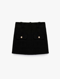 Koyun Yünü Karışımlı Düğmeli Cepli A Kesim Mini Etek