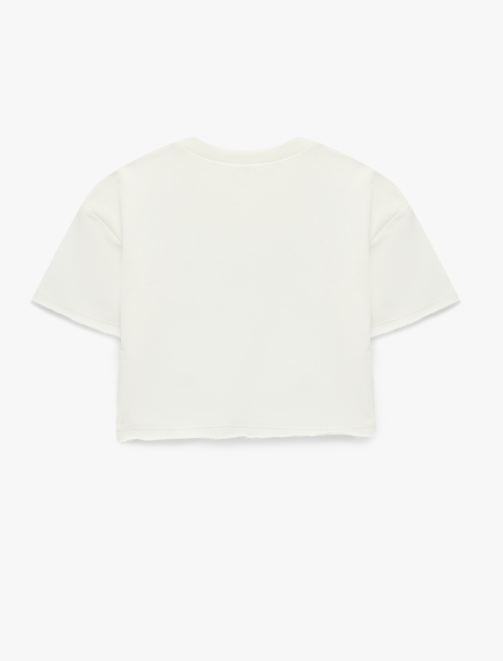 Kız Çocuk Pamuklu Kısa Kollu Bisiklet Yaka Baskılı Crop Tişört