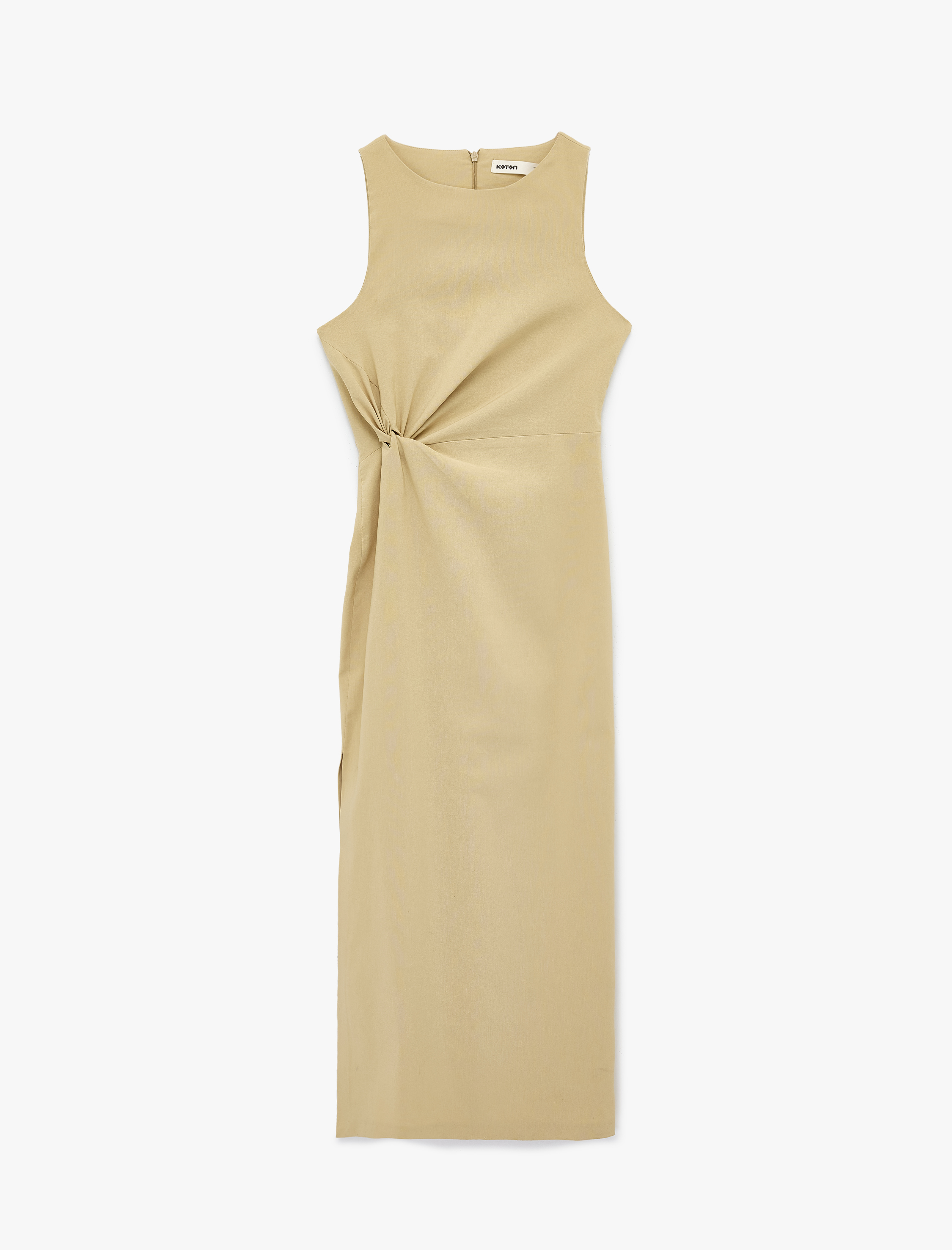   Bisiklet Yaka Slim Fit Kolsuz Büzgülü Midi Elbise