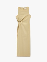 Bisiklet Yaka Slim Fit Kolsuz Büzgülü Midi Elbise