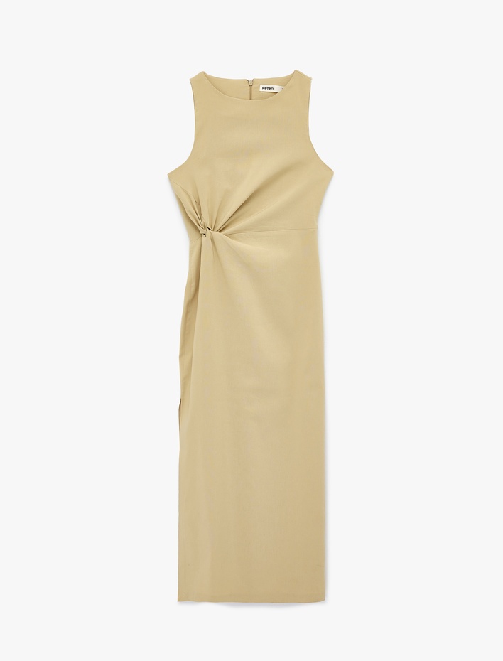  Bisiklet Yaka Slim Fit Kolsuz Büzgülü Midi Elbise