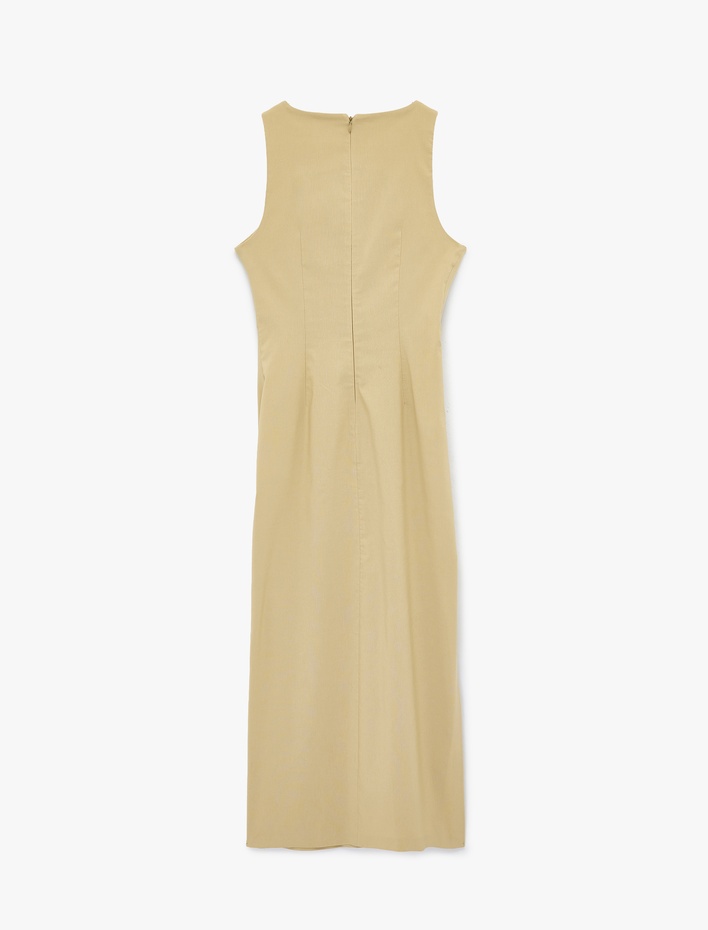  Bisiklet Yaka Slim Fit Kolsuz Büzgülü Midi Elbise