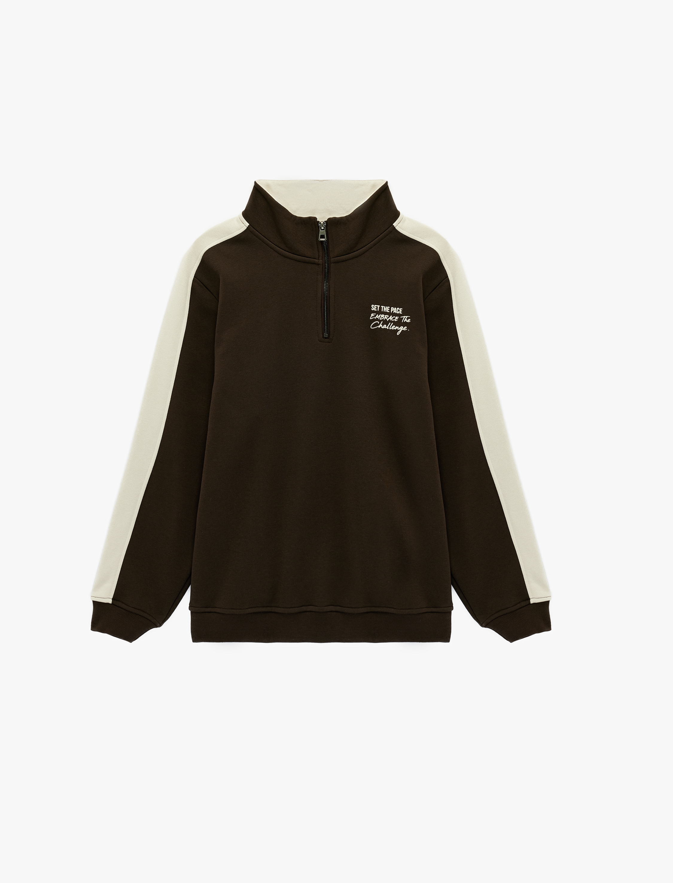   Regular Fit Uzun Kollu Renk Kontrastlı Baskılı Yarım Fermuarlı Sweatshirt