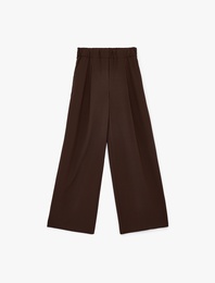 Yüksek Bel Geniş Paça Pileli Viskon Karışımlı Kumaş Pantolon