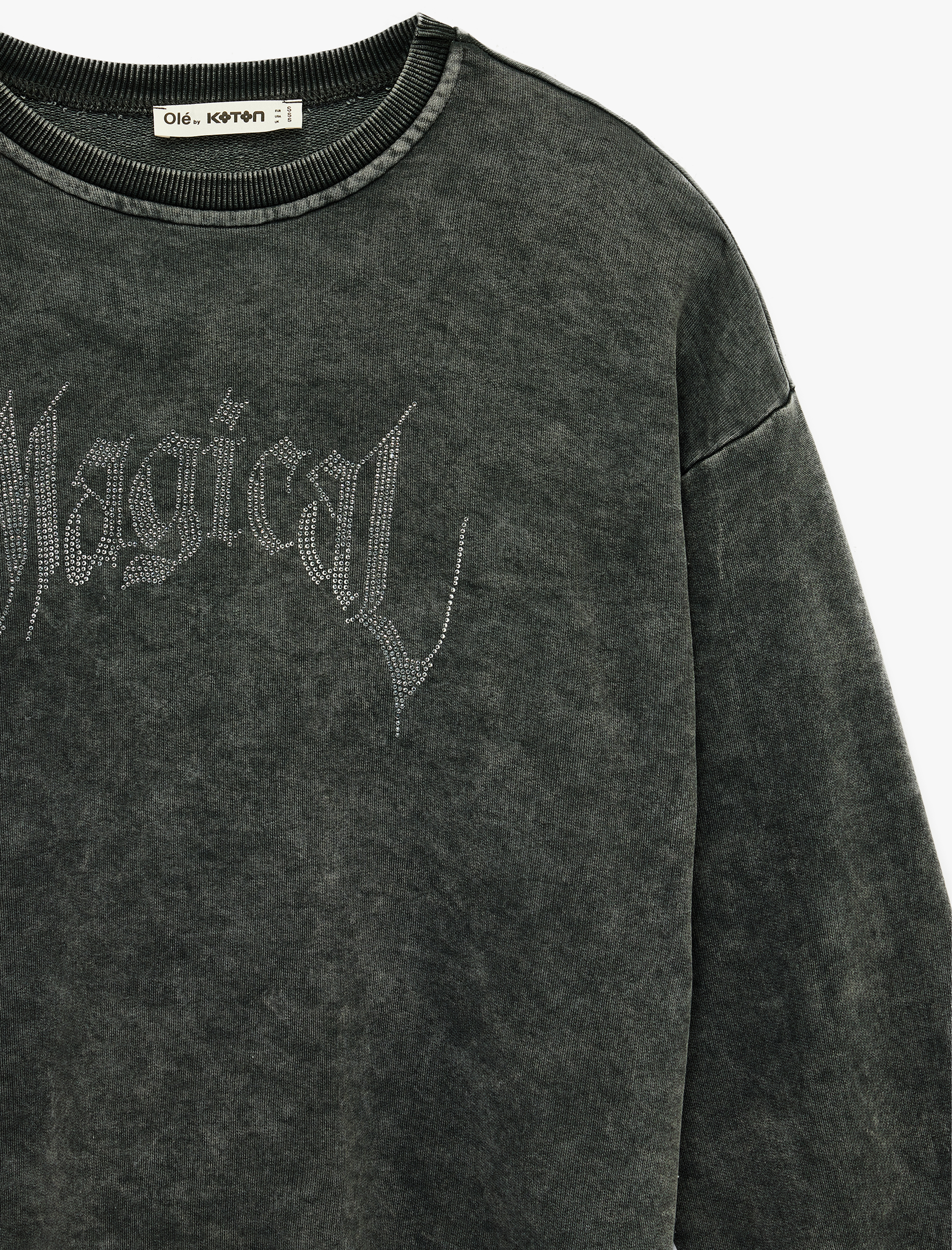   Yıkamalı Bisiklet Yaka Oversize Taşlı Sweatshirt