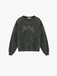 Yıkamalı Bisiklet Yaka Oversize Taşlı Sweatshirt