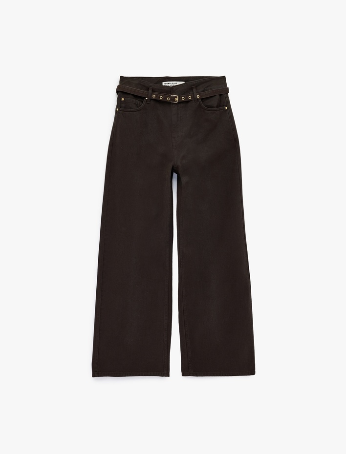  Pamuklu Yüksek Bel Kemerli Geniş Paça Pantolon - Wide Leg Jeans