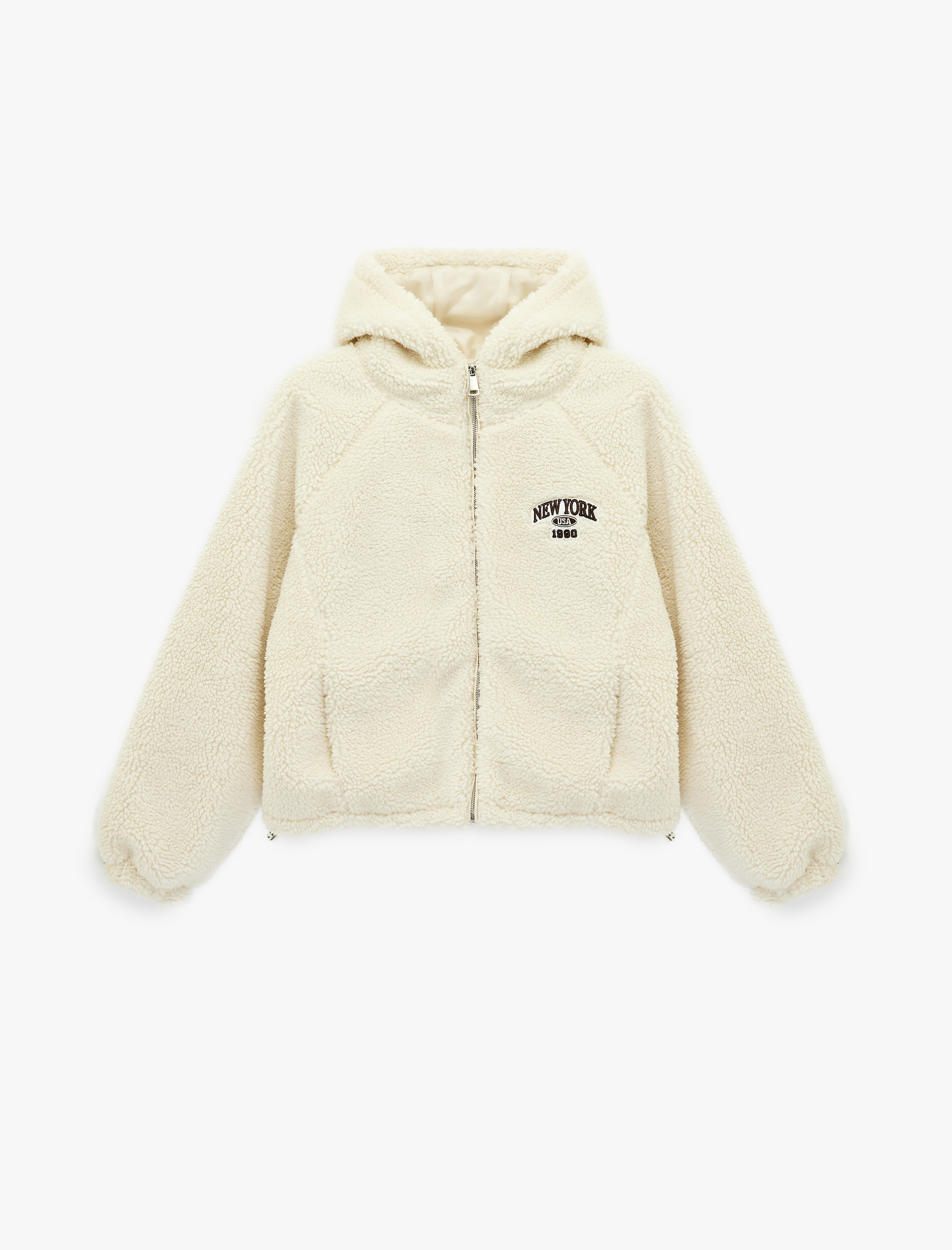   Uzun Kollu Kapüşonlu Fermuarlı Baskılı Oversize Peluş Ceket