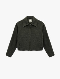 Uzun Kollu Fermuarlı Klasik Yaka Cep Detaylı Ceket