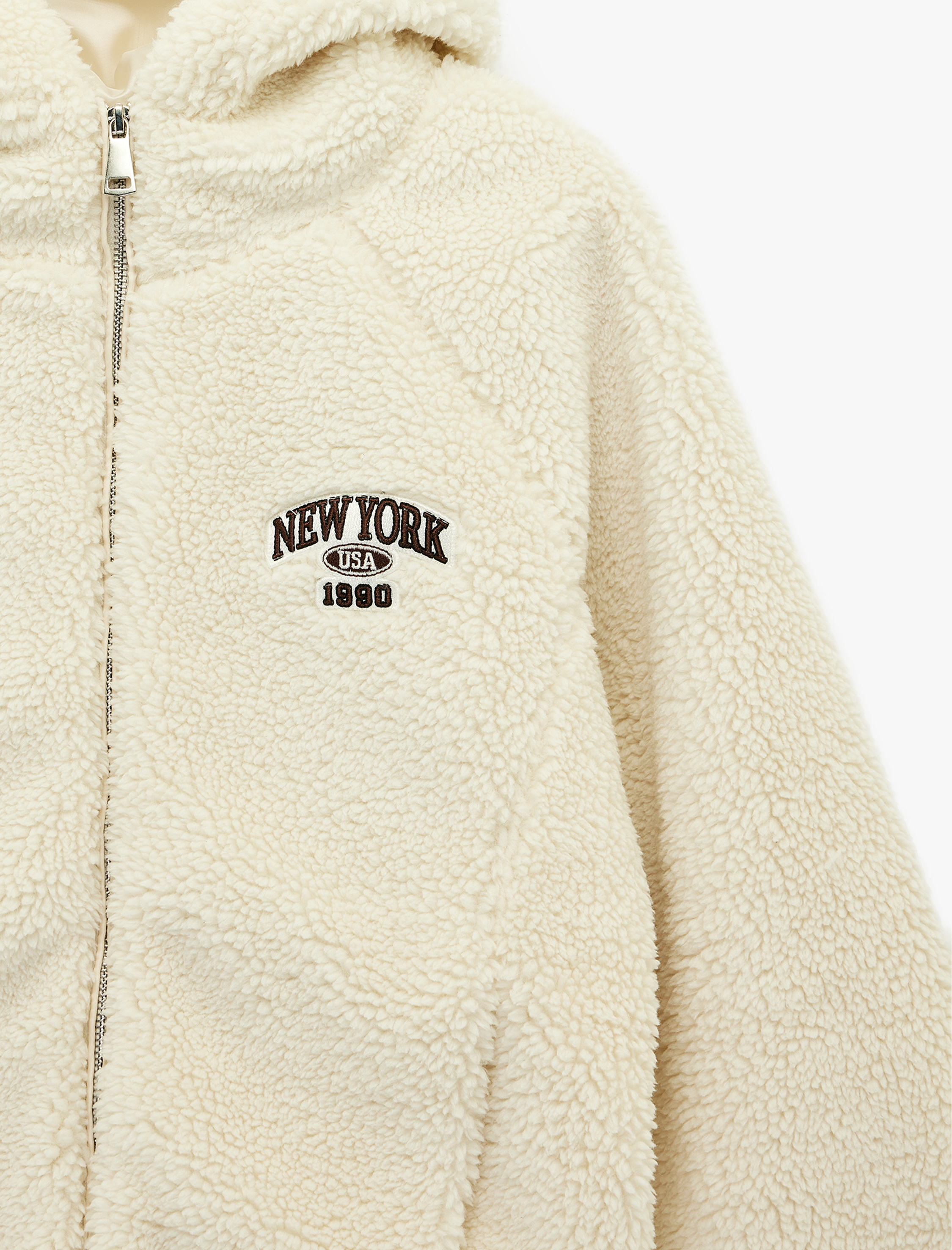   Uzun Kollu Kapüşonlu Fermuarlı Baskılı Oversize Peluş Ceket