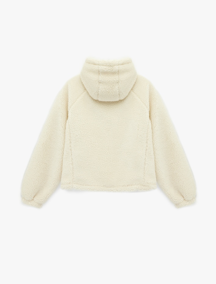  Uzun Kollu Kapüşonlu Fermuarlı Baskılı Oversize Peluş Ceket