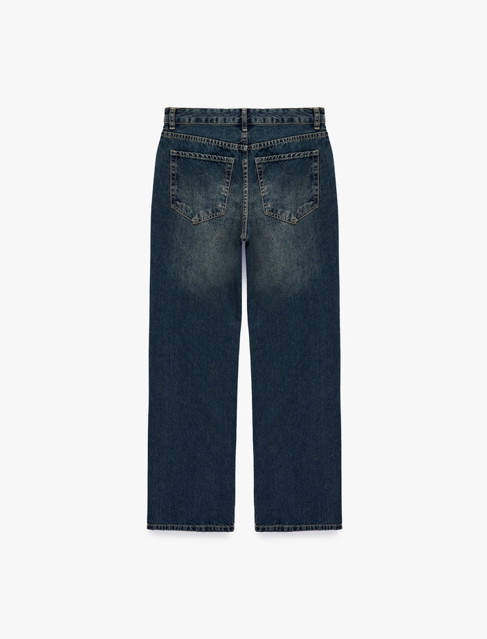  Yüksek Bel Cepli Pamuklu Düz Paça Straight Fit Denim Pantolon - Straight Jeans