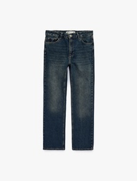 Yüksek Bel Cepli Pamuklu Düz Paça Straight Fit Denim Pantolon - Straight Jeans