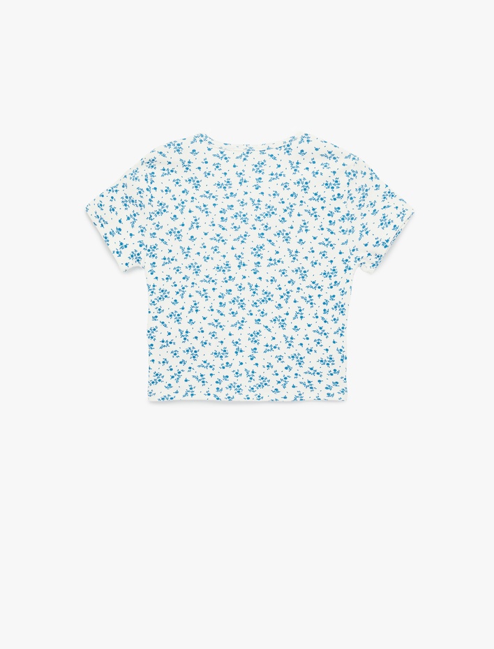  Pamuklu Slim Fit V Yaka Kısa Kollu Çiçekli Crop Tişört