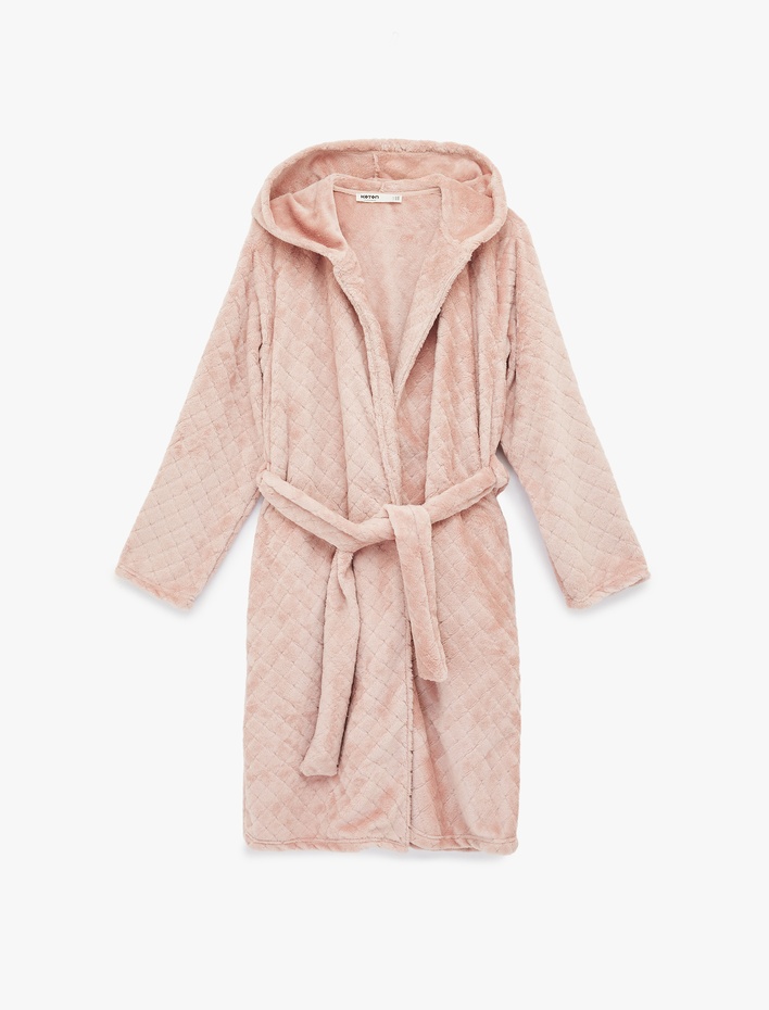  Kapüşonlu Uzun Kollu Cepli Dokulu Polar Sabahlık