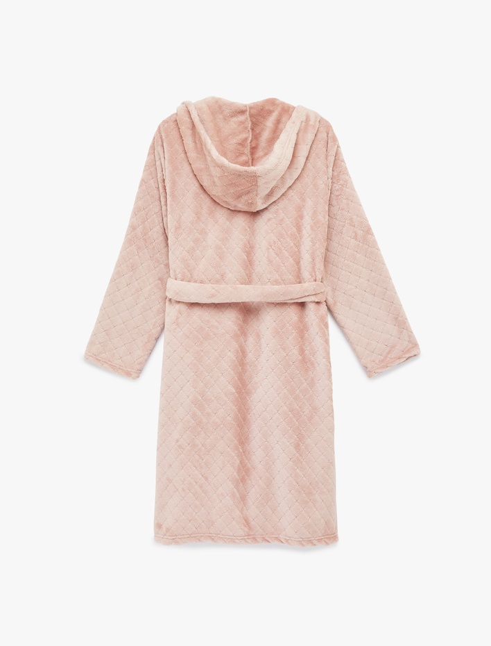  Kapüşonlu Uzun Kollu Cepli Dokulu Polar Sabahlık