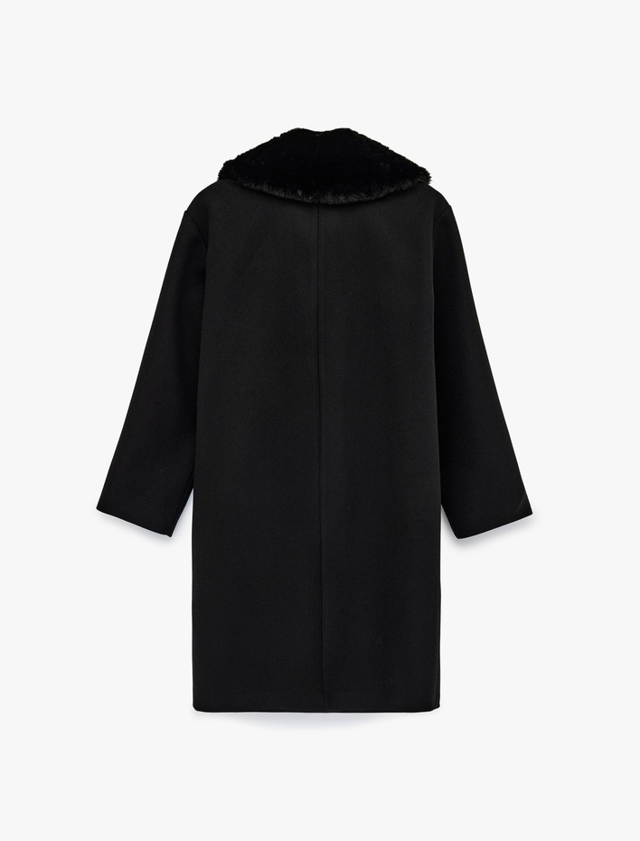  Uzun Kollu Cepli Düğmeli Çıkarılabilir Suni Kürk Yaka Kaşe Kaban