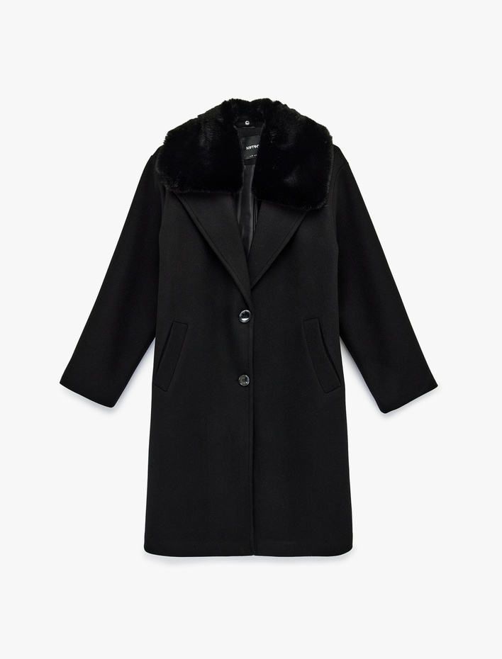  Uzun Kollu Cepli Düğmeli Çıkarılabilir Suni Kürk Yaka Kaşe Kaban