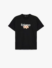 Pamuklu Kısa Kollu Bisiklet Yaka Çiçek Baskılı Oversize Tişört