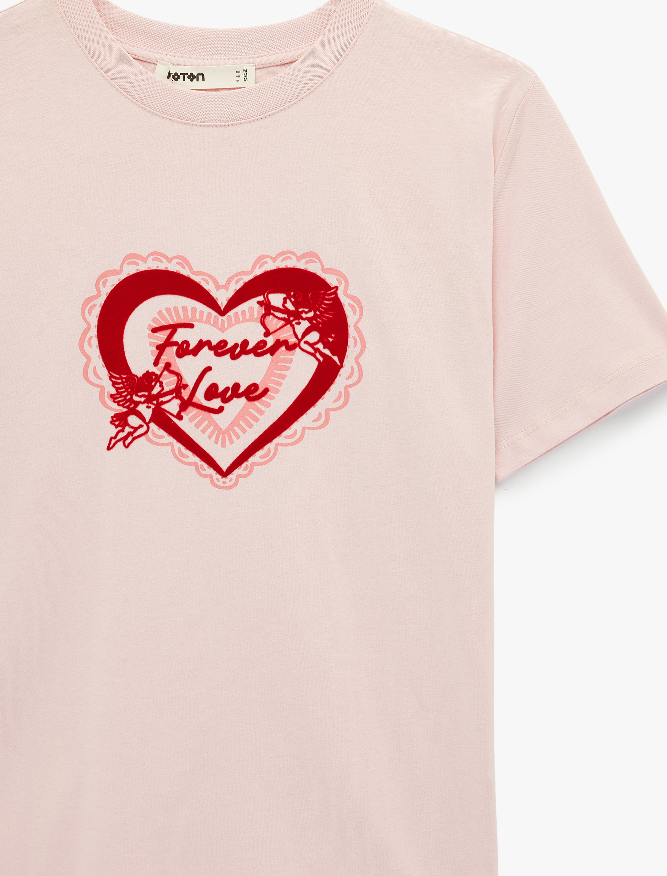   Pamuklu Kısa Kollu Bisiklet Yaka Kalp Baskılı Tişört