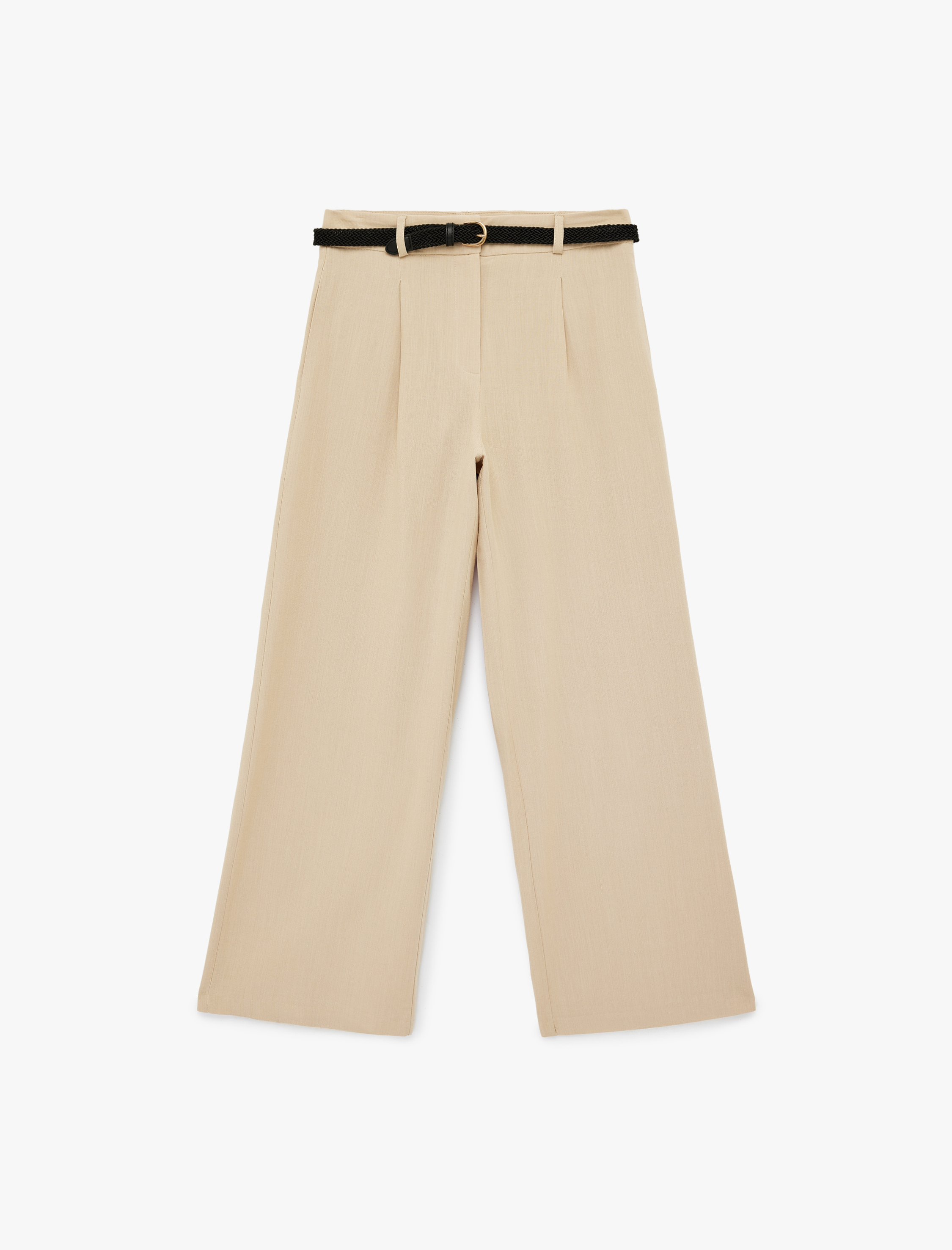   Keten Görünümlü Cepli Kemerli Geniş Paça Pantolon