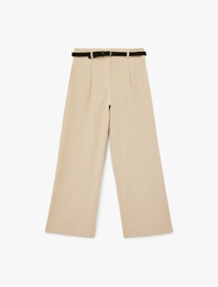 Keten Görünümlü Cepli Kemerli Geniş Paça Pantolon