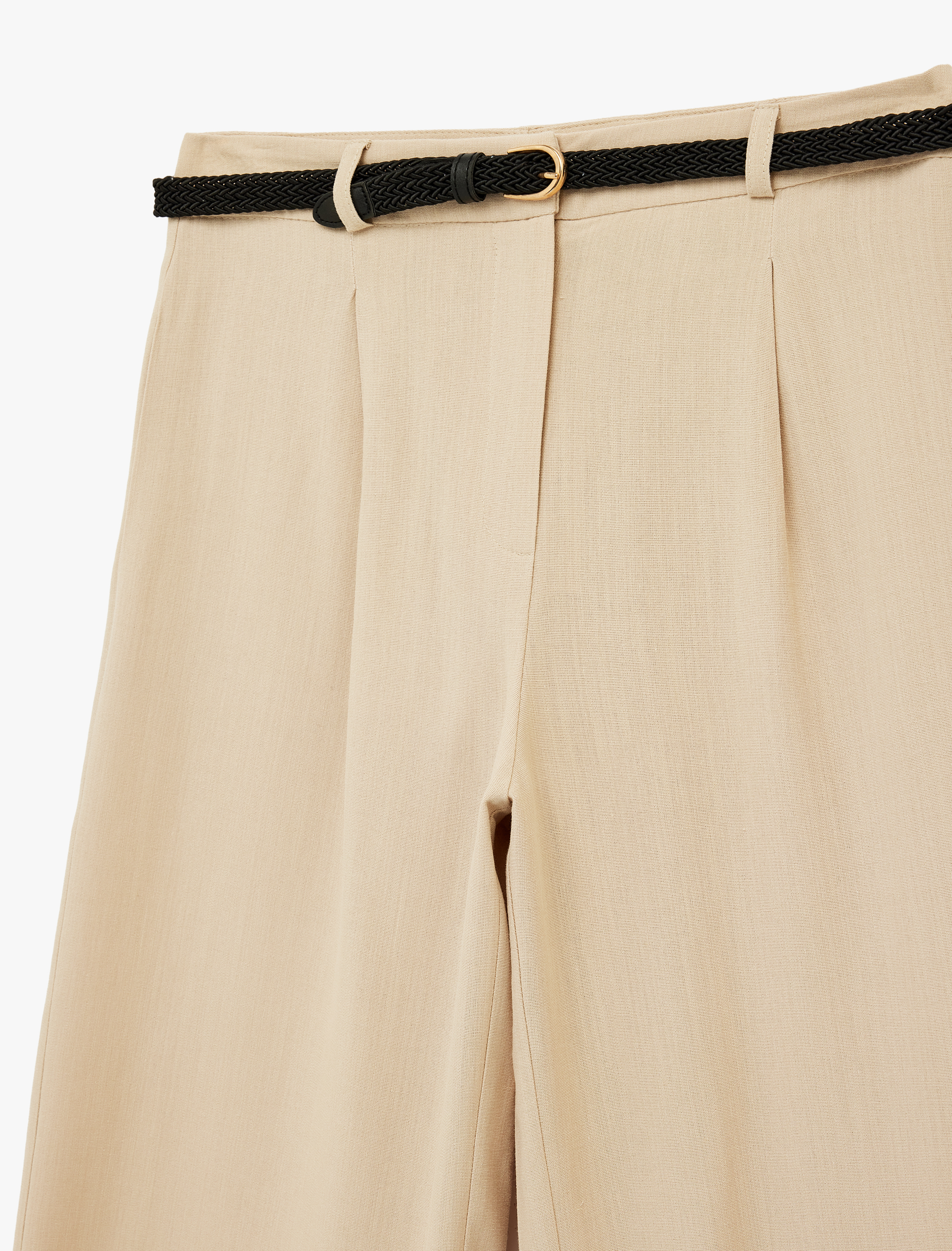   Keten Görünümlü Cepli Kemerli Geniş Paça Pantolon