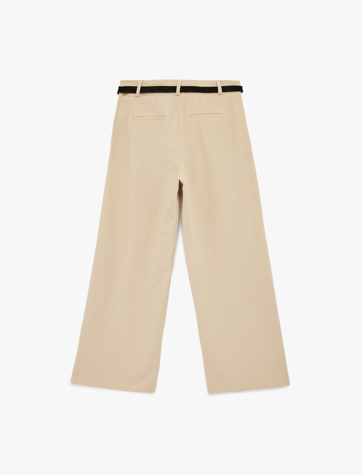  Keten Görünümlü Cepli Kemerli Geniş Paça Pantolon