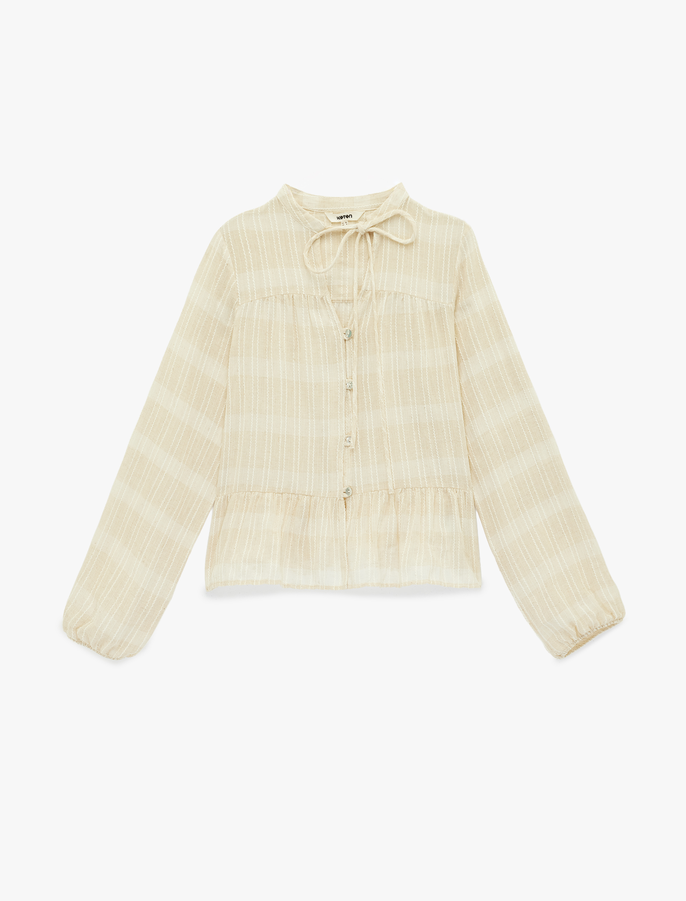   Keten Karışımlı Uzun Balon Kollu Yuvarlak Bağcıklı Yaka Bluz