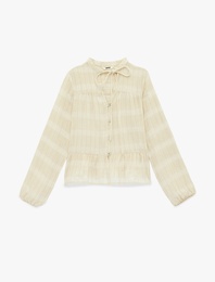 Keten Karışımlı Uzun Balon Kollu Yuvarlak Bağcıklı Yaka Bluz