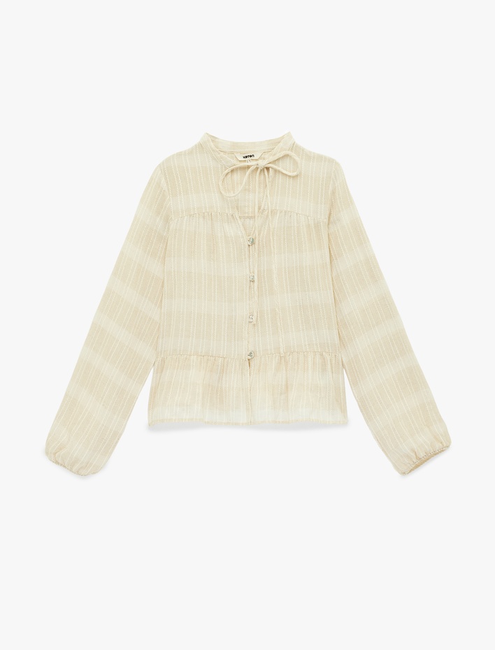  Keten Karışımlı Uzun Balon Kollu Yuvarlak Bağcıklı Yaka Bluz