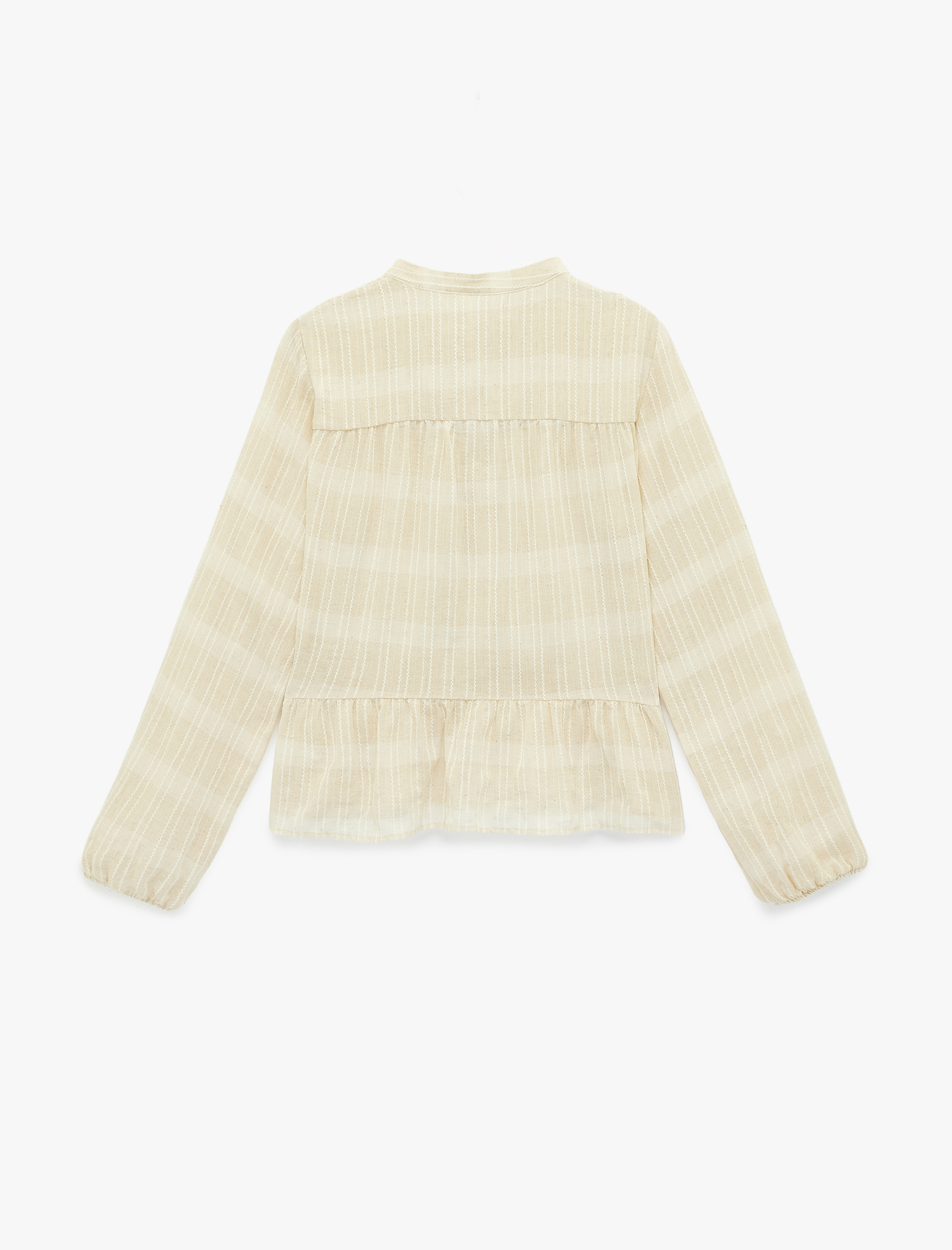   Keten Karışımlı Uzun Balon Kollu Yuvarlak Bağcıklı Yaka Bluz