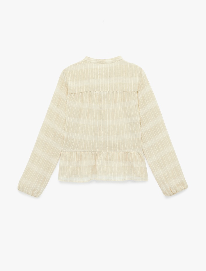  Keten Karışımlı Uzun Balon Kollu Yuvarlak Bağcıklı Yaka Bluz