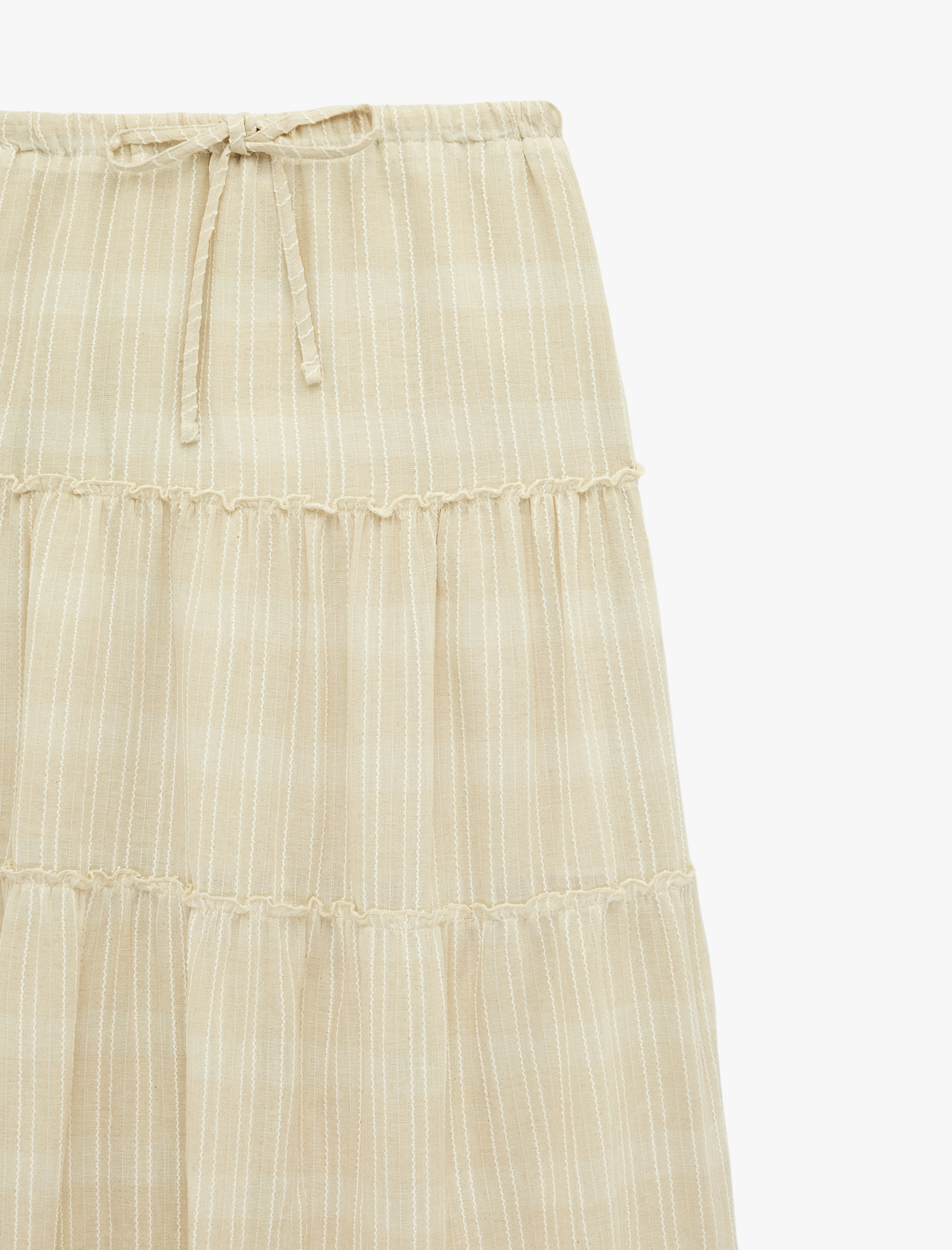   Keten Karışımlı Katmanlı Beli Lastikli Bağlamalı Uzun Etek