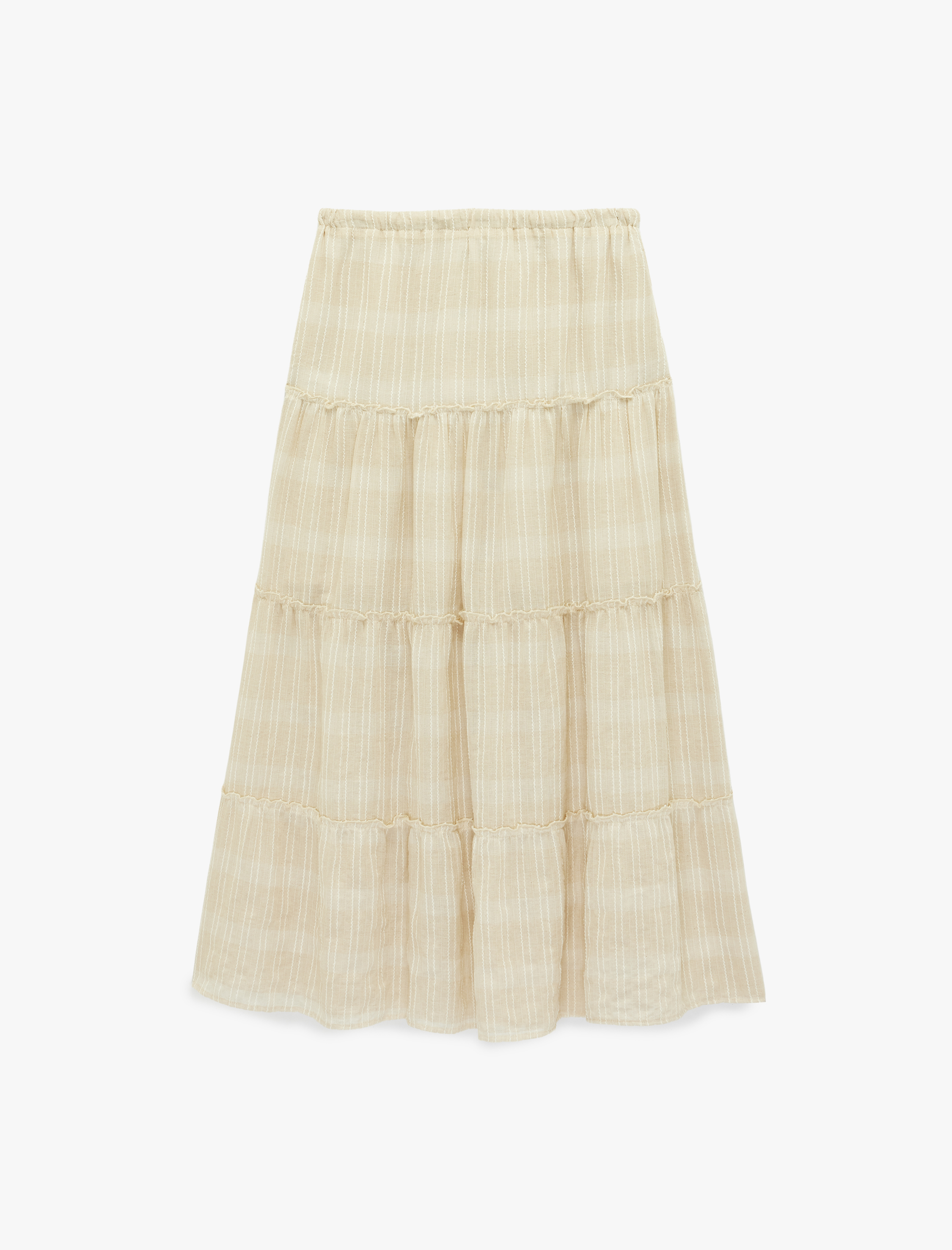   Keten Karışımlı Katmanlı Beli Lastikli Bağlamalı Uzun Etek