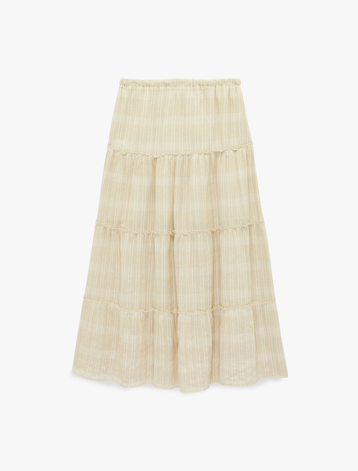  Keten Karışımlı Katmanlı Beli Lastikli Bağlamalı Uzun Etek