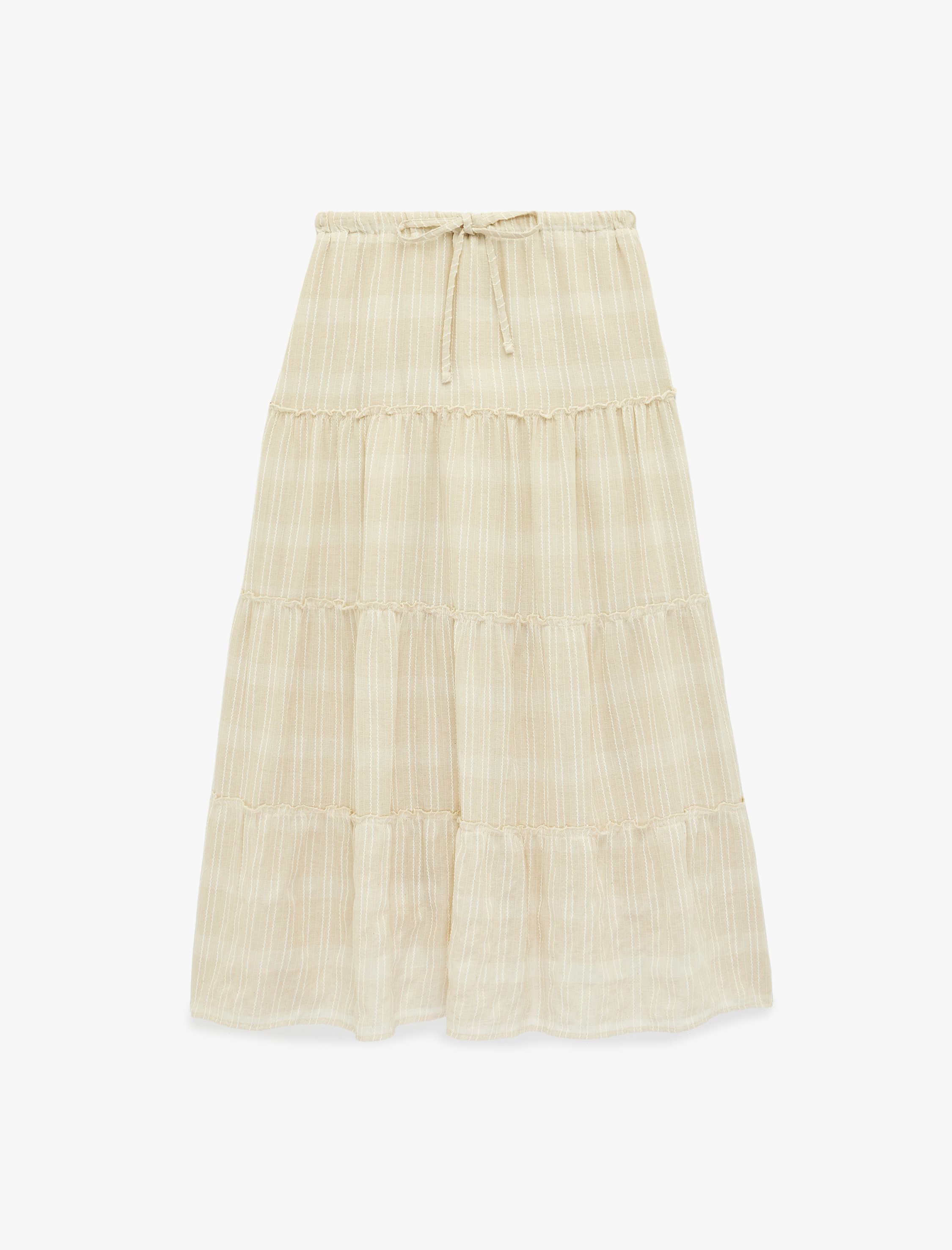   Keten Karışımlı Katmanlı Beli Lastikli Bağlamalı Uzun Etek