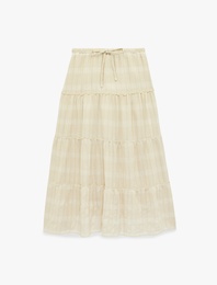 Keten Karışımlı Katmanlı Beli Lastikli Bağlamalı Uzun Etek