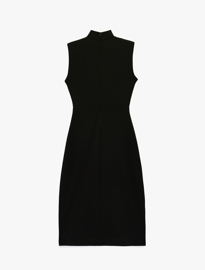  Krep Scuba Kumaş Dik Yaka Kolsuz Slim Fit Midi Elbise