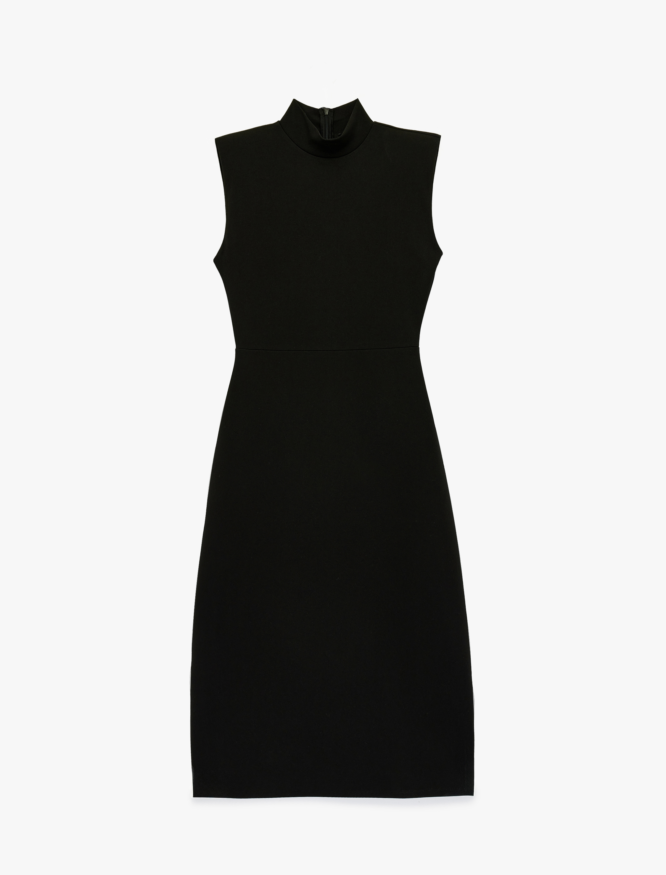   Krep Scuba Kumaş Dik Yaka Kolsuz Slim Fit Midi Elbise