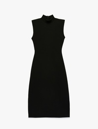 Krep Scuba Kumaş Dik Yaka Kolsuz Slim Fit Midi Elbise