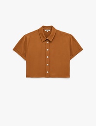 Bol Kalıp Kısa Kollu Klasik Yaka Viskon Crop Gömlek