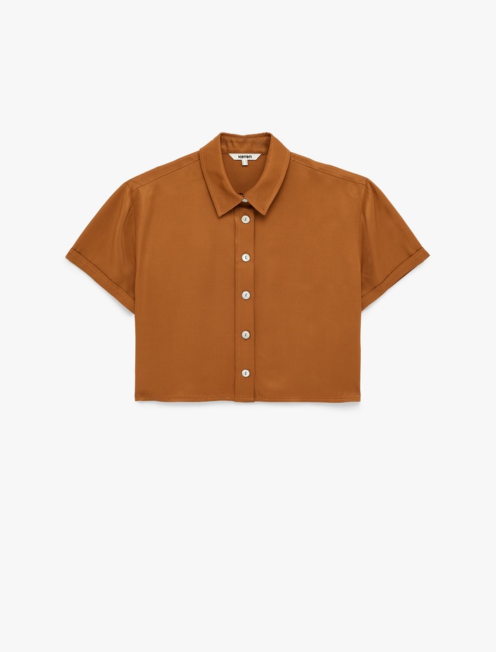  Bol Kalıp Kısa Kollu Klasik Yaka Viskon Crop Gömlek