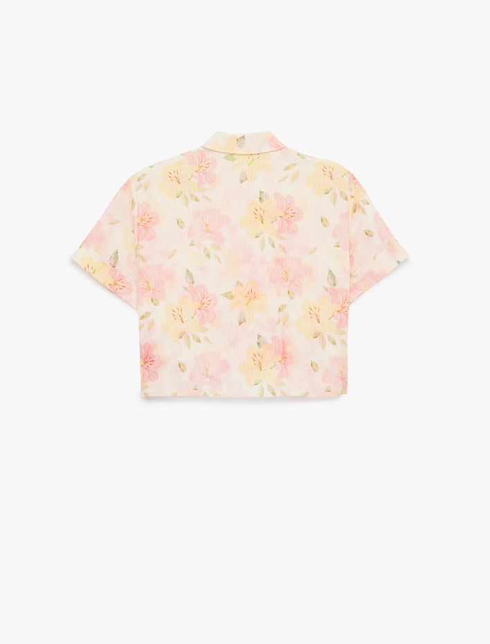  Pamuk Karışımlı Rahat Kalıp Kısa Kollu Çiçekli Crop Gömlek