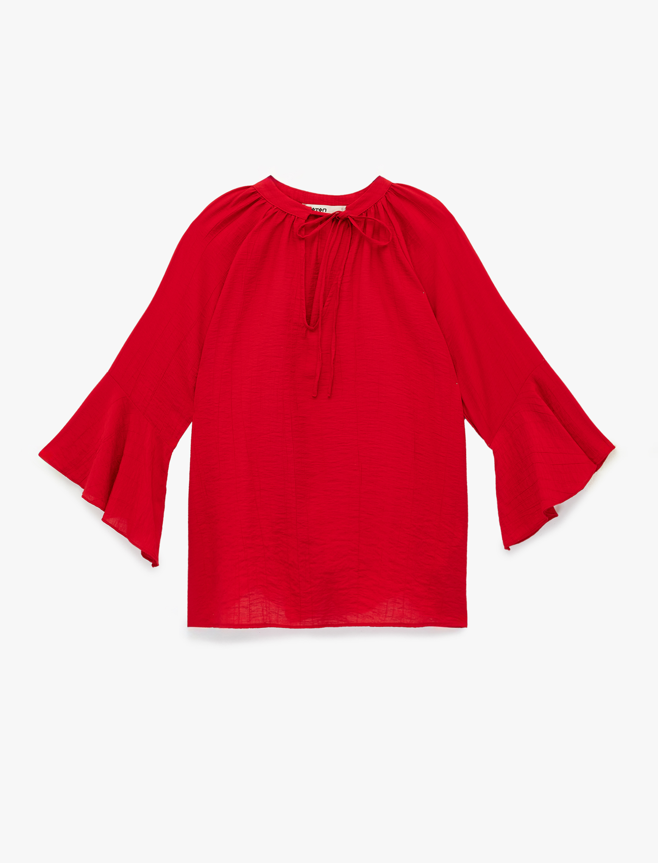   Bağcıklı Yuvarlak Yaka Viskon Fırfırlı 3/4 Kollu Bluz